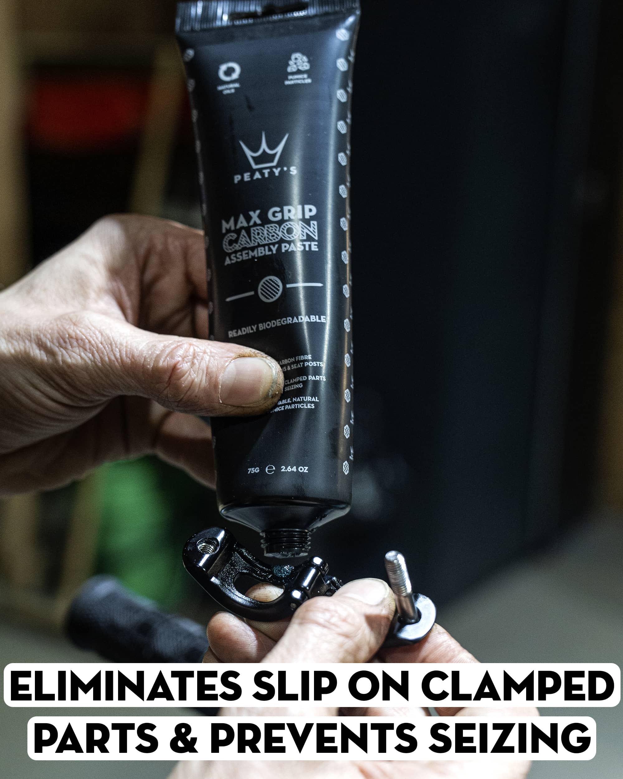Peaty's Max Grip Carbon Assembly Paste eliminates slip on clamped parts and prevents seizing