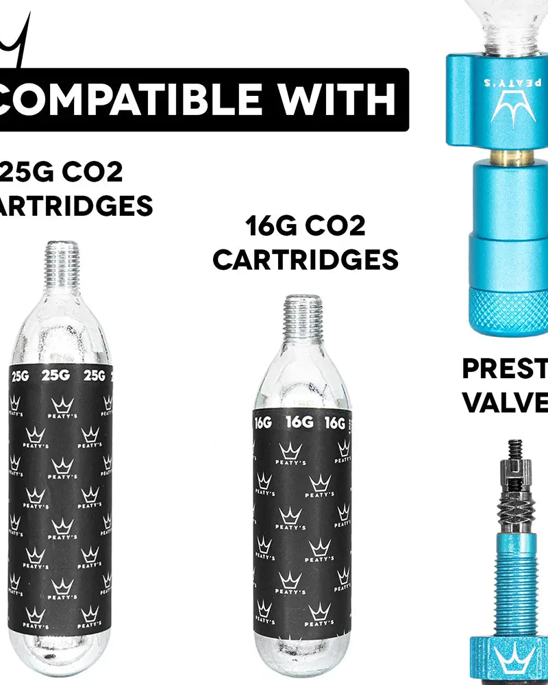 Peaty's Holeshot CO2 Inflator Kit is compatible with 25g and 16g cartridges and presta valves