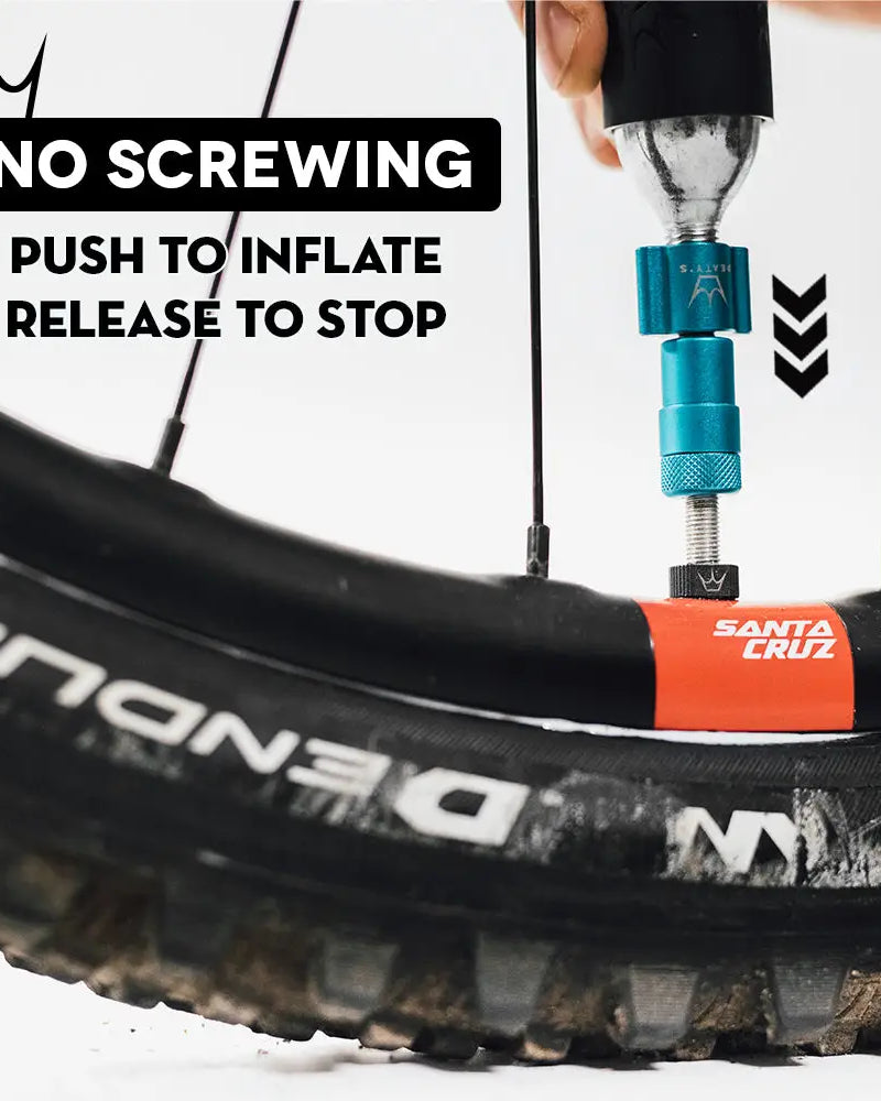 Peaty's Holeshot CO2 Inflator Kit features no screwing, push to inflate and release to stop