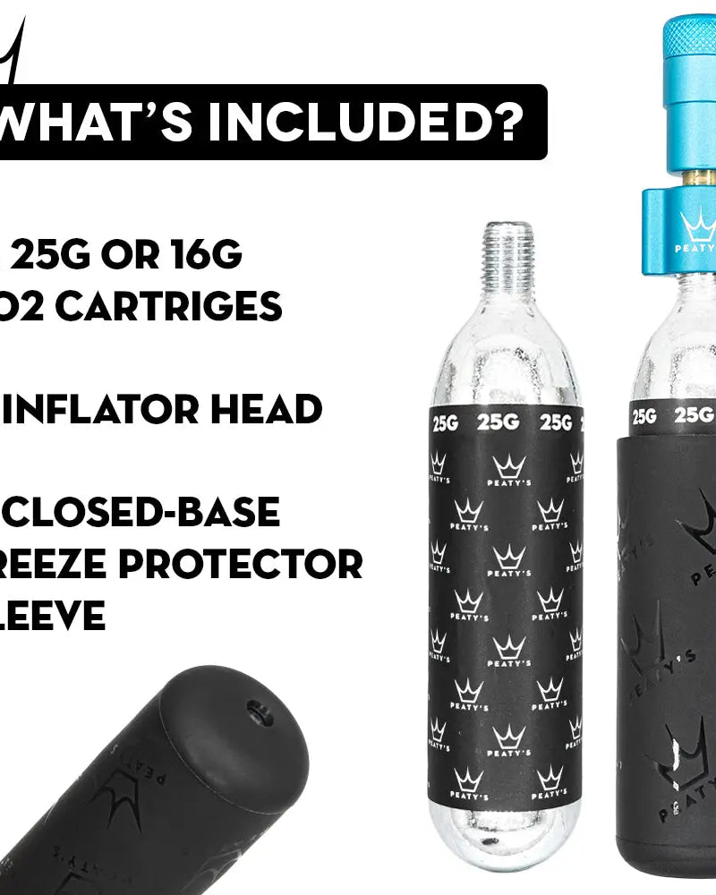 Peaty's Holeshot CO2 Inflator Kit comes with two 25g or 16g CO2 cartridges, 1 inflator head and 1 closed base freeze protector sleeve