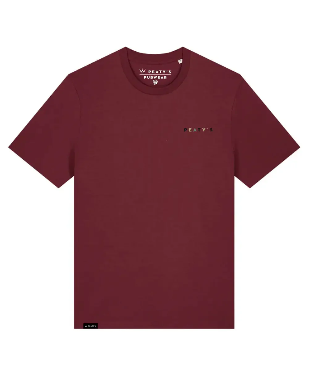 Peaty's Stacked t-shirt tee in Burgundy front print