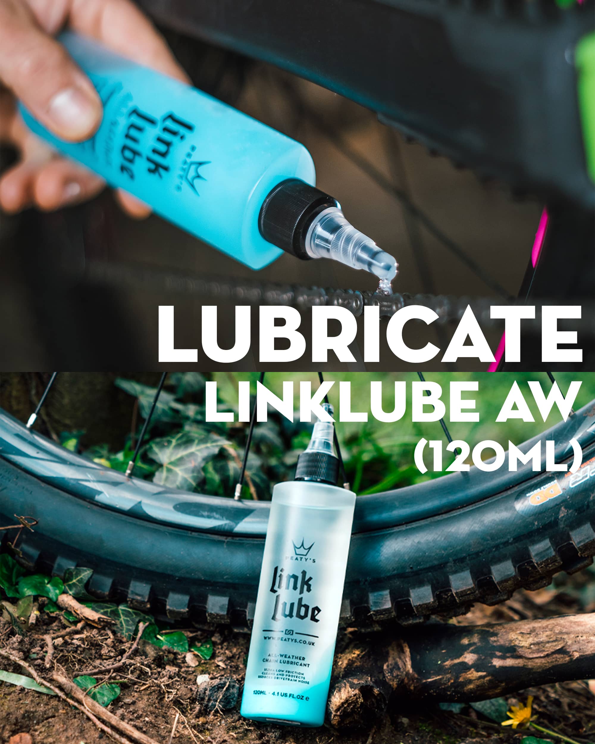 Peaty's Wash Degrease Lubricate set comes with LinkLube All Weather chain lube