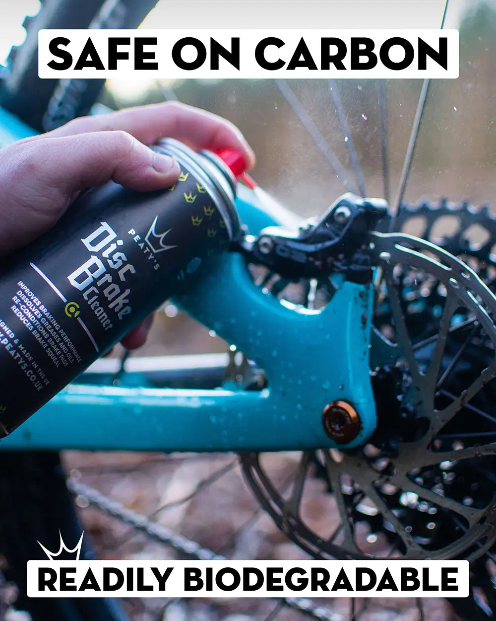 Peaty's Disc Brake Cleaner is safe on carbon and readily biodegradable