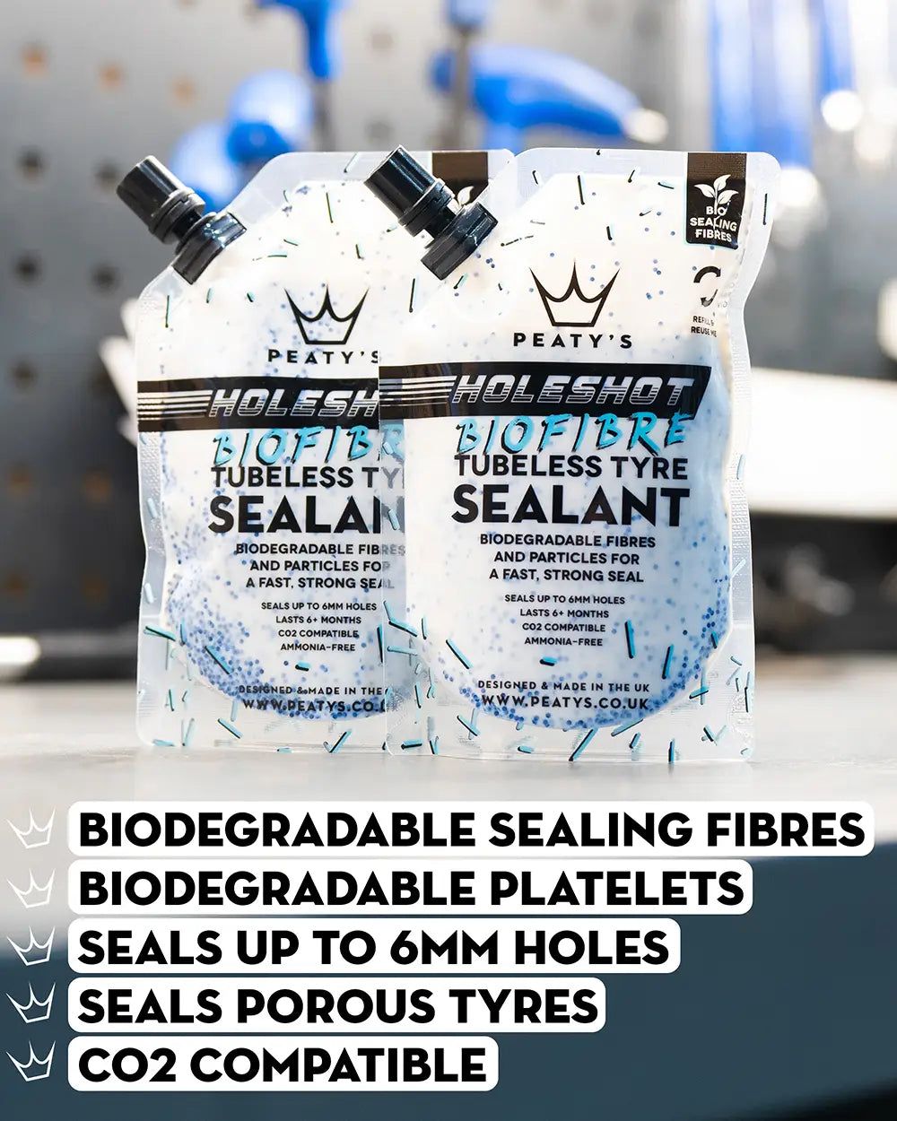 Peaty's Holeshot Tubeless Conversion Kit - Biofibre tubeless sealant is biodegradable, seals up to 6mm holes, seals porous tyres and is CO2 compatible