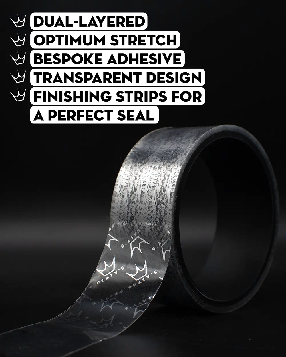 Peaty's Holeshot Tubeless Conversion Kit - Rim tape is dual layered, has optimum stretch, bespoke adhesive, a transparent design and comes with finishing strips for a perfect seal