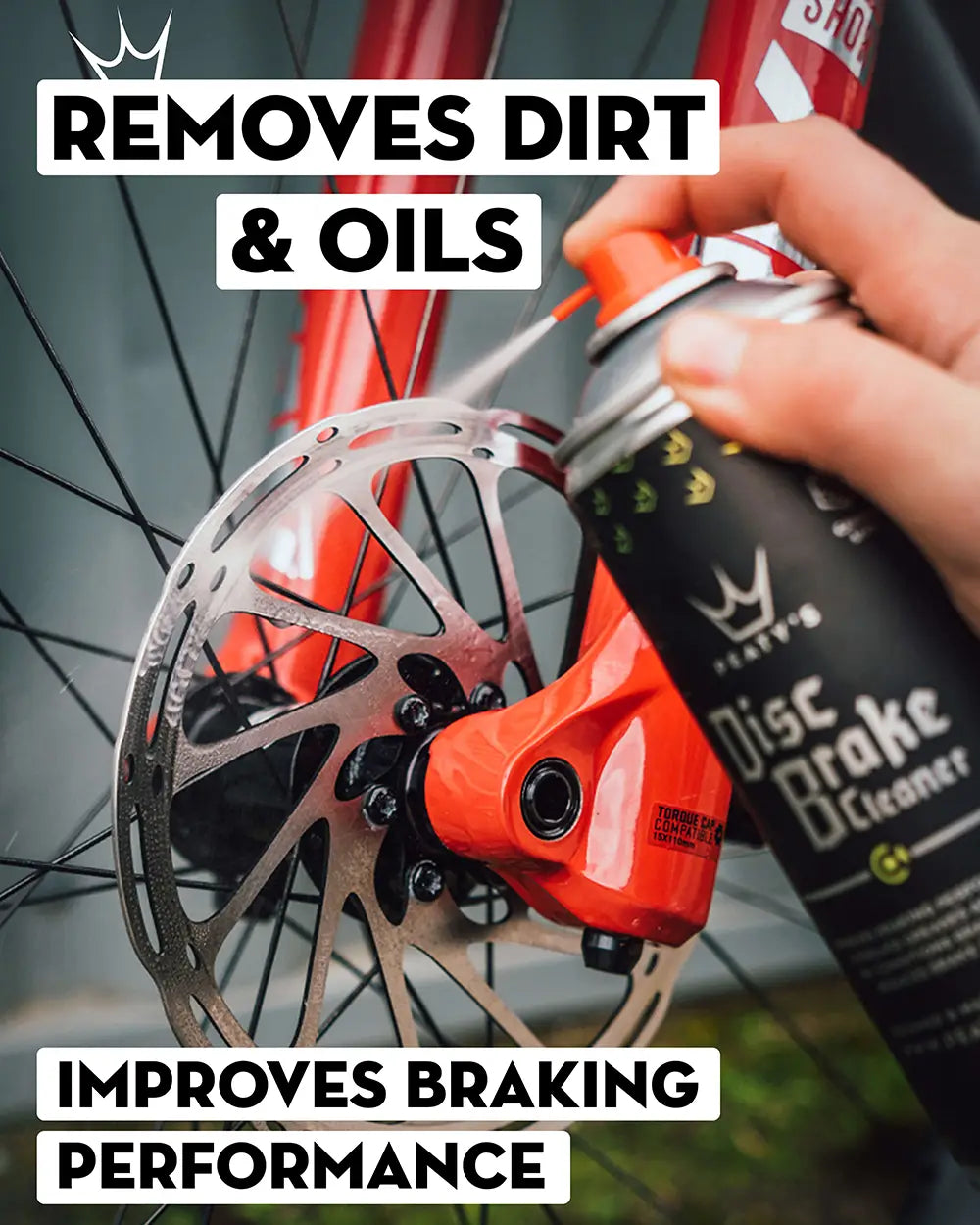 Peaty's Disc Brake Cleaner removes dirt and oils and improves braking performance