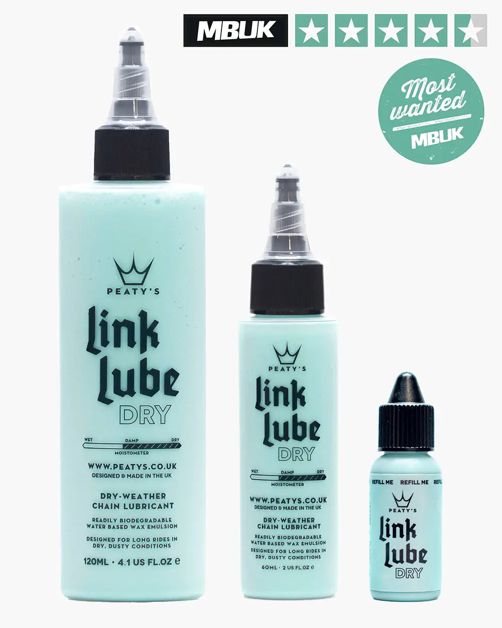 Peaty's LinkLube Dry chain lube - comes in 120ml, 60ml, or 15ml