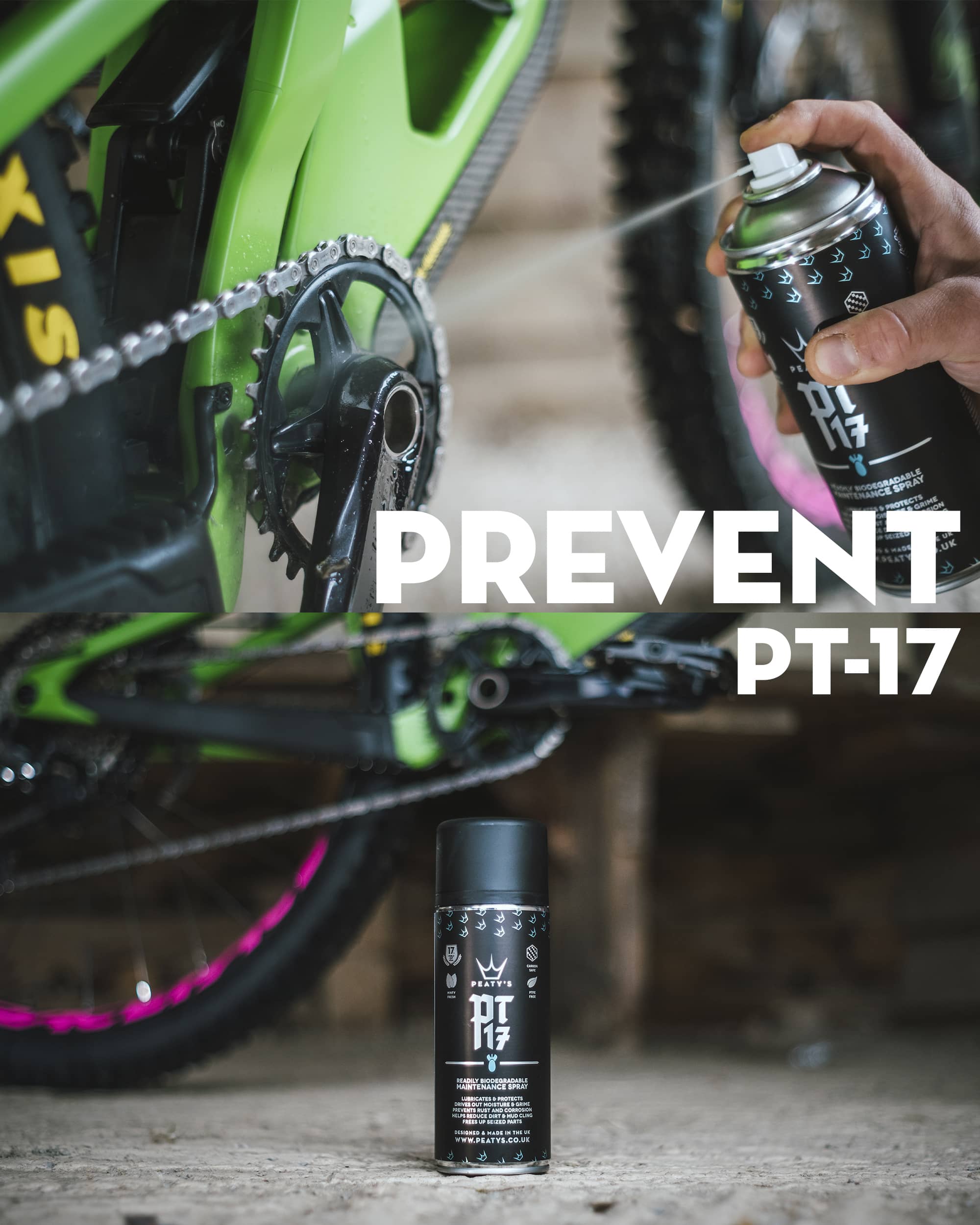 Peaty's Wash Prevent Lubricate set comes with PT17 maintenance spray