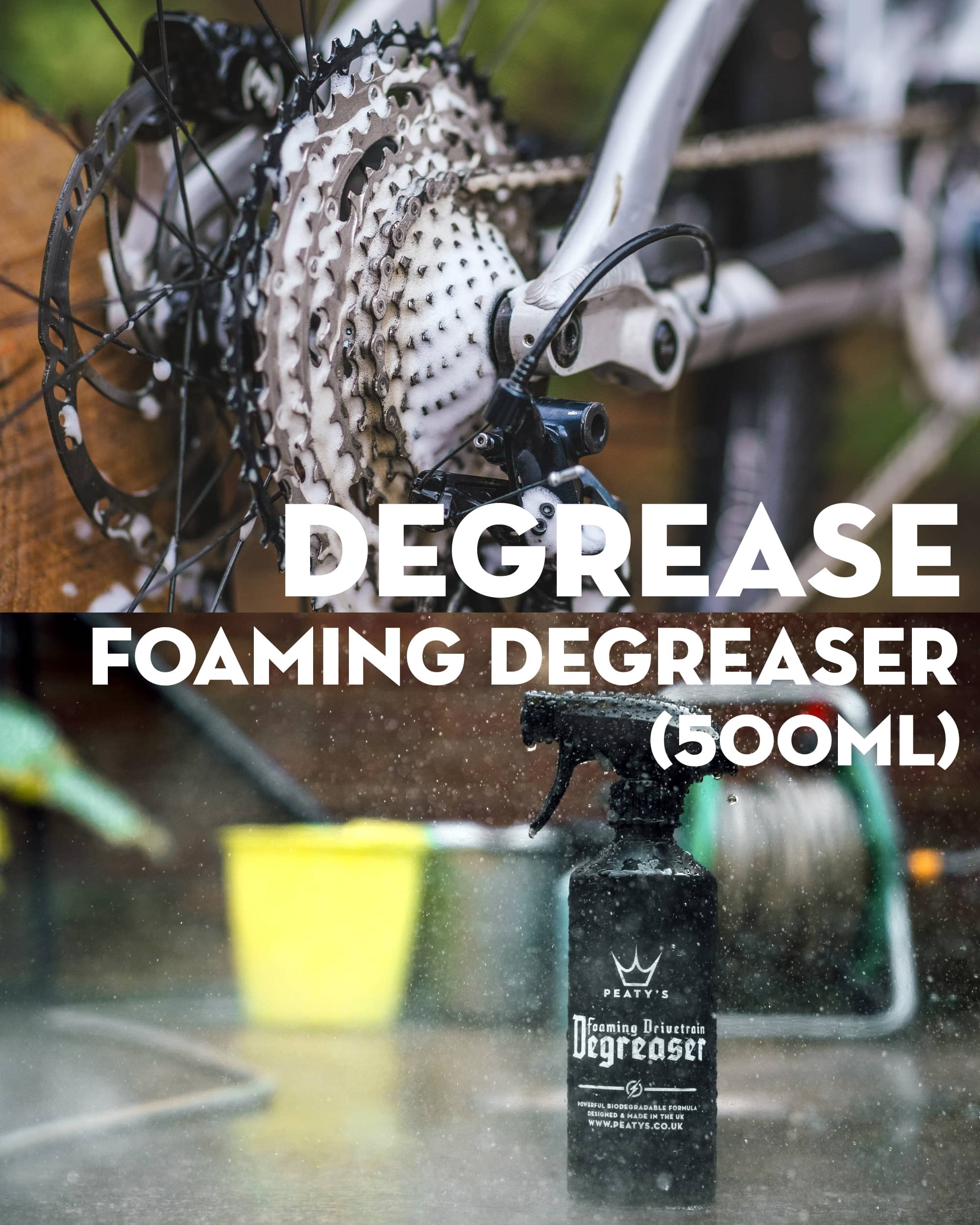 Peaty's Wash Degrease Lubricate DRY set comes with Foaming Drivetrain Degreaser