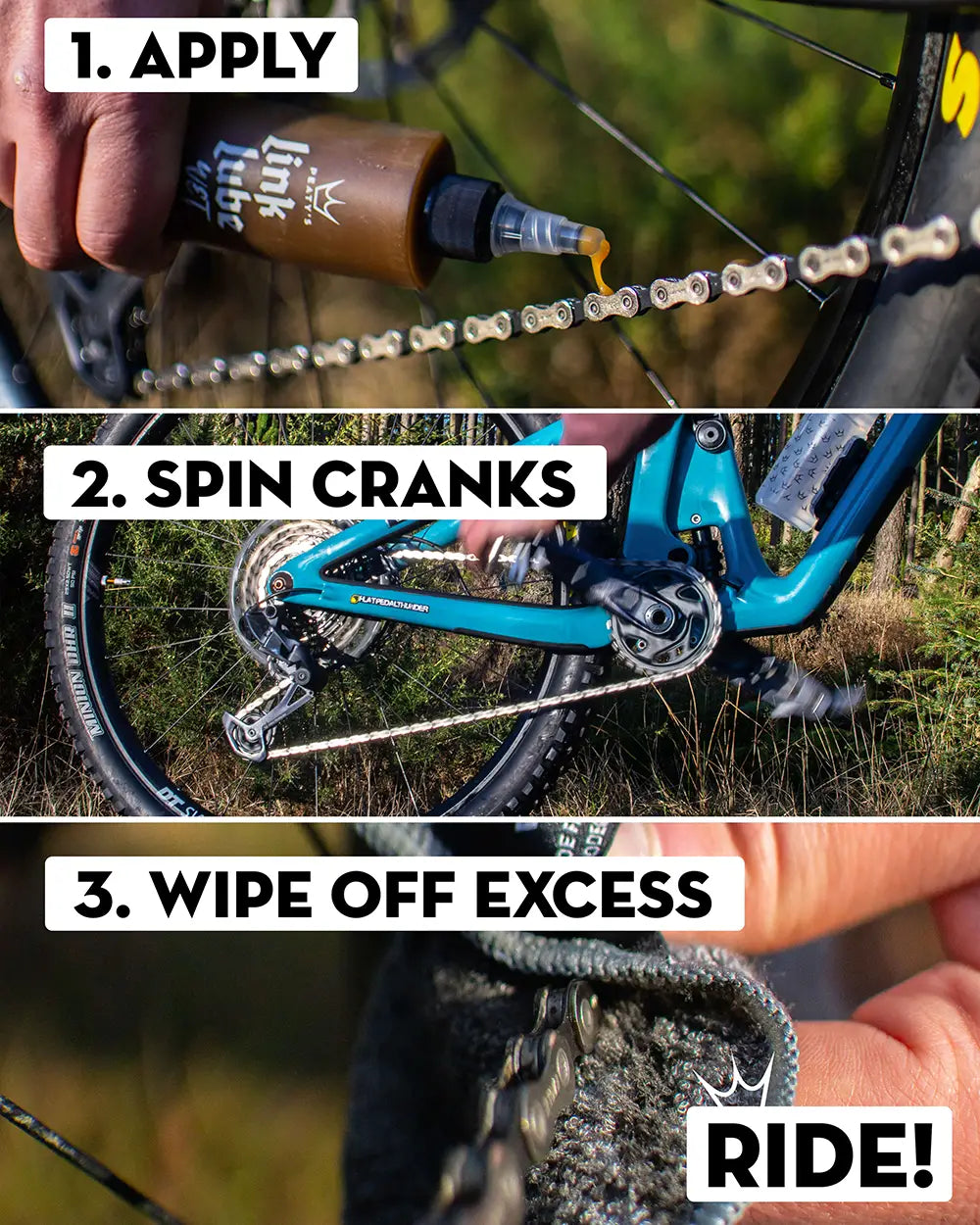 Peaty's LinkLube Wet chain lube - apply, spin cranks, wipe off excess, ride!