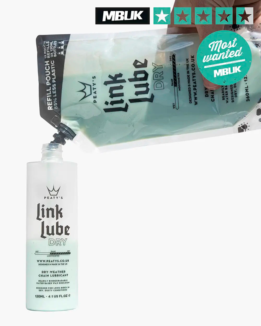 Peaty's LinkLube Dry chain lube - refill with the 360ml size and use less plastic