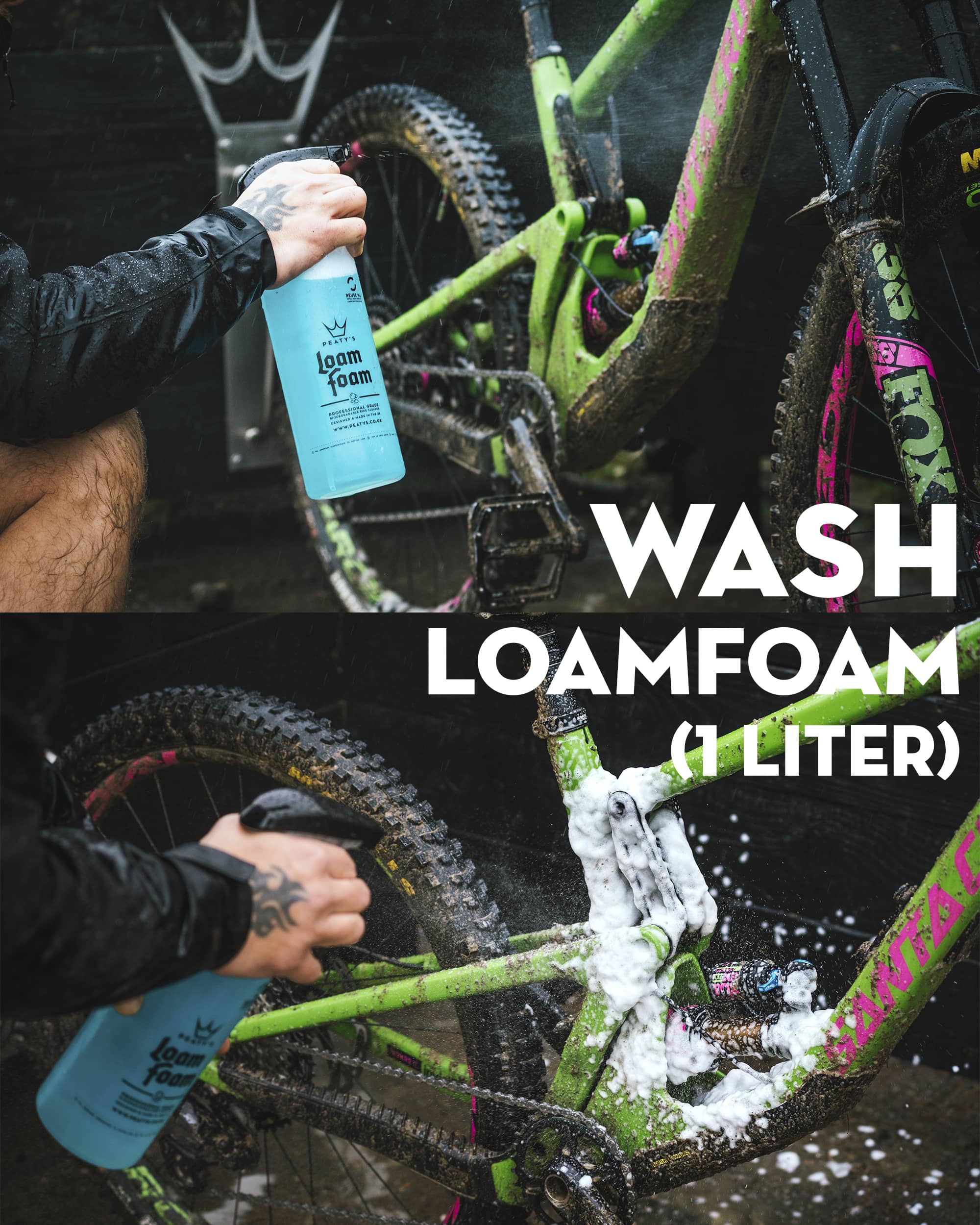 Peaty's Wash Degrease Lubricate DRY set comes with LoamFoam bike cleaner