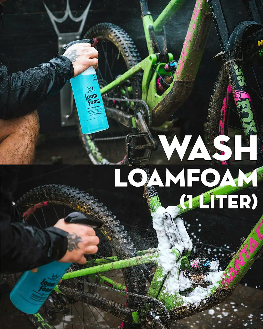 Peaty's Wash Degrease Lubricate set comes with LoamFoam bike cleaner