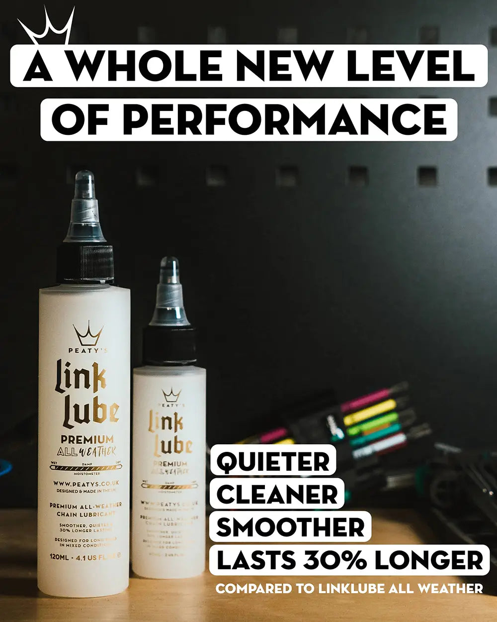 Peaty's LinkLube Premium All Weather chain lube - a whole new level of performance - quieter, cleaner, smoother and lasts 30% longer