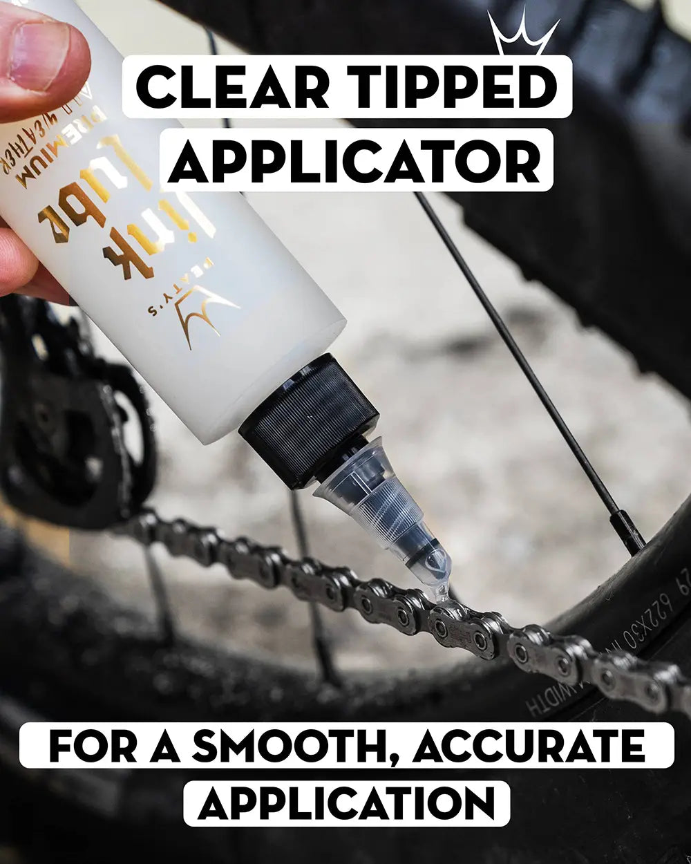 Peaty's LinkLube Premium All Weather chain lube - clear tipped applicator for a smooth, accurate application