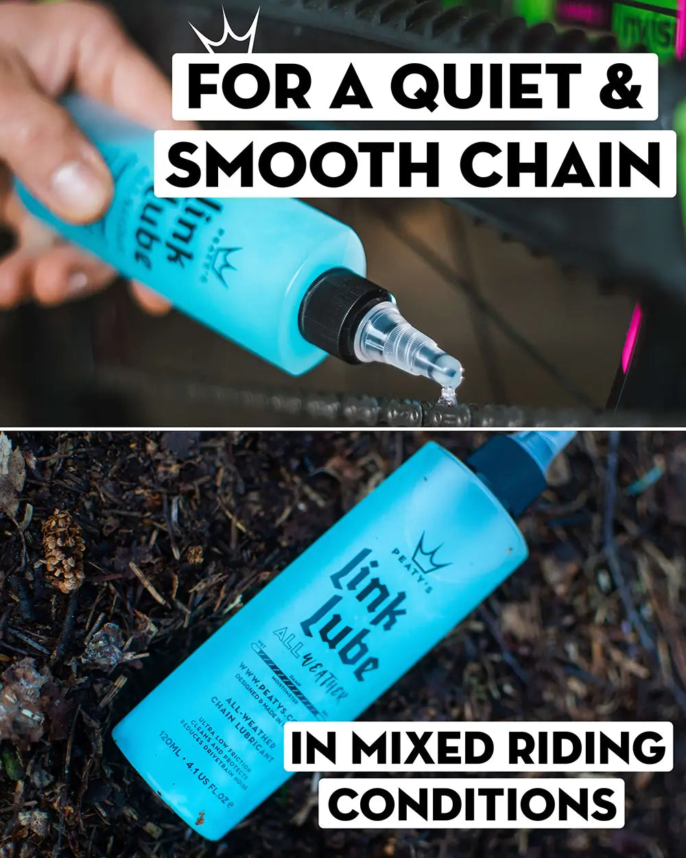 Peaty's LinkLube All Weather chain lube - use for a quiet & smooth chain, in mixed riding conditions