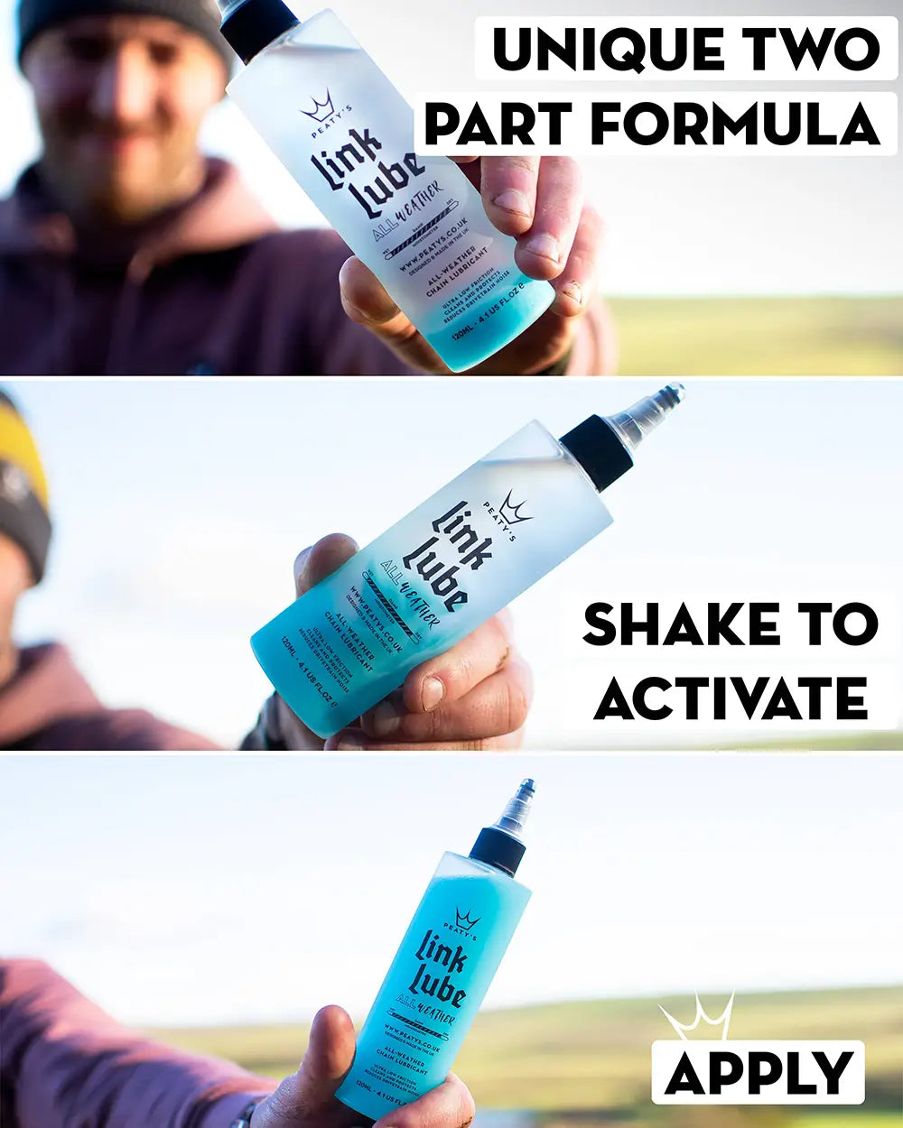 Peaty's LinkLube All Weather chain lube - unique two part formula, shake to activate and apply!