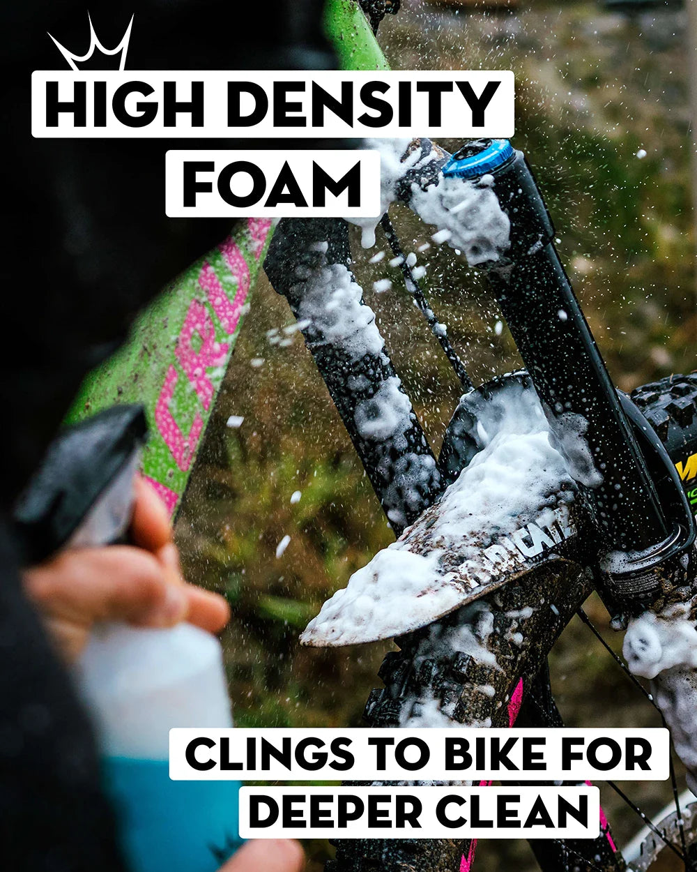 Peaty's LoamFoam - high density foam, clings to your bike for deeper clean