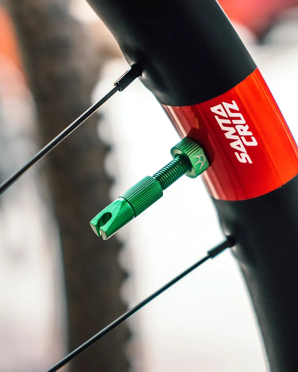 Peaty's Mk2 Tubeless Valves in emerald, on a bike