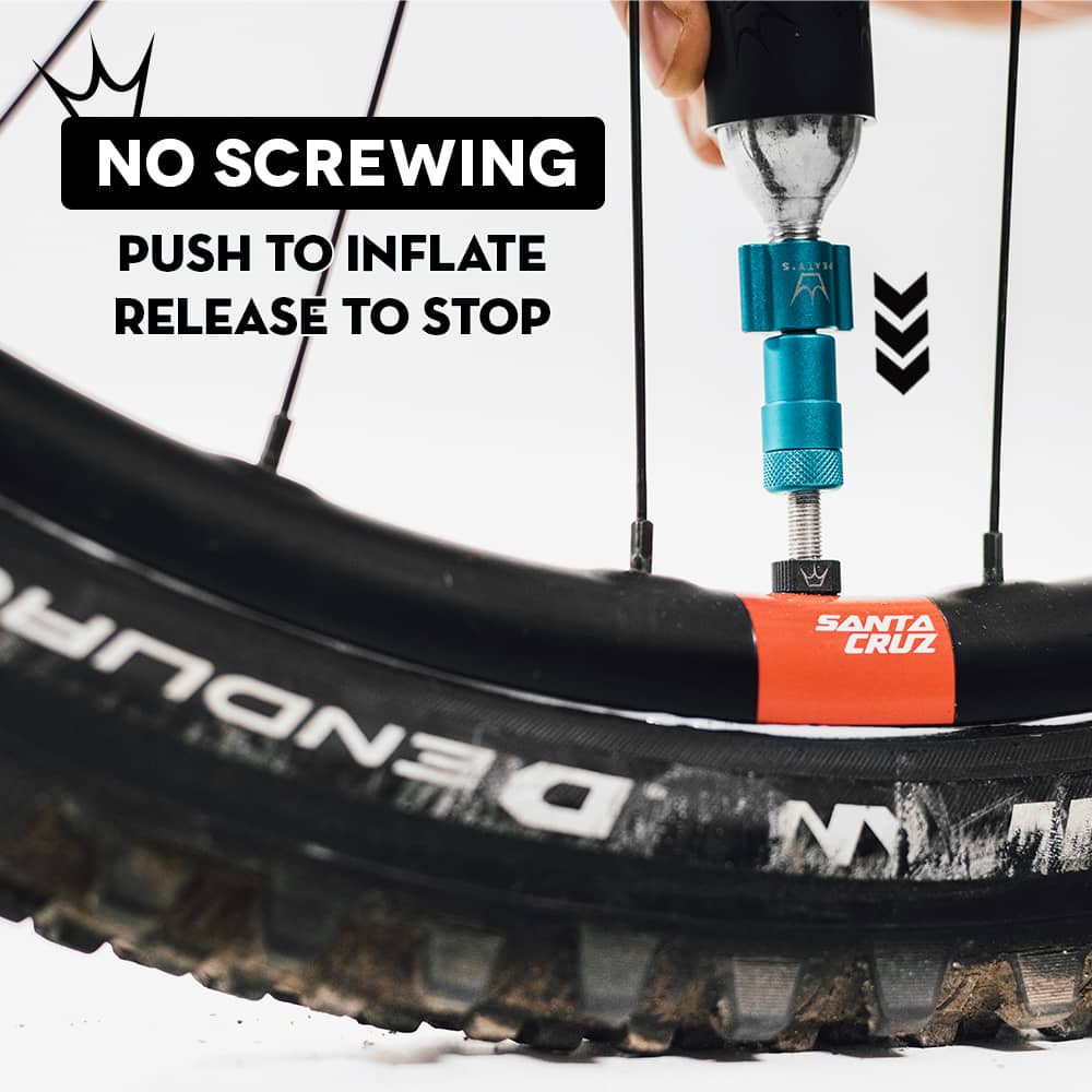 Peaty's Holeshot CO2 Inflator Head features no screwing. Push to inflate and release to stop