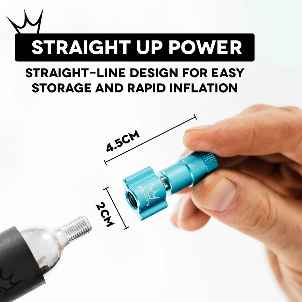 Peaty's Holeshot CO2 Inflator Kit has a straight line design for easy storage and rapid inflation