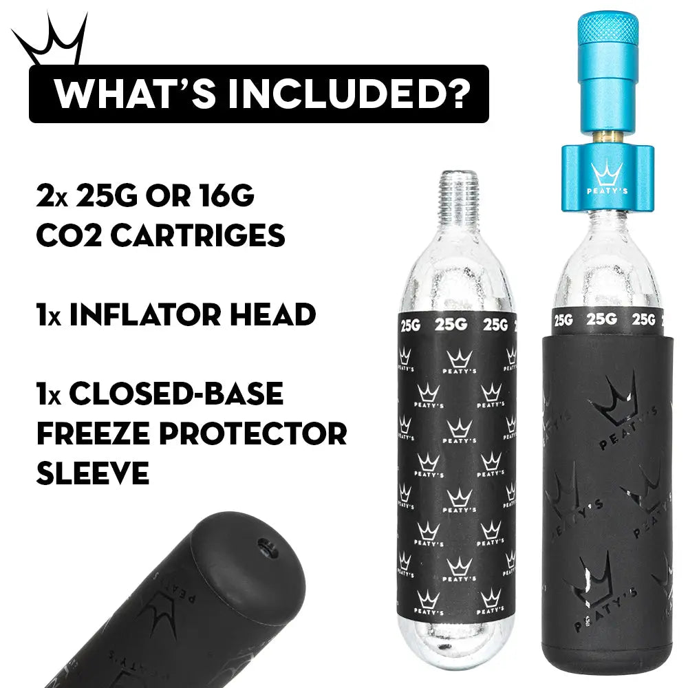 Peaty's Holeshot CO2 Inflator Kit comes with two 25g or 16g CO2 cartridges, 1 inflator head and 1 closed base freeze protector sleeve