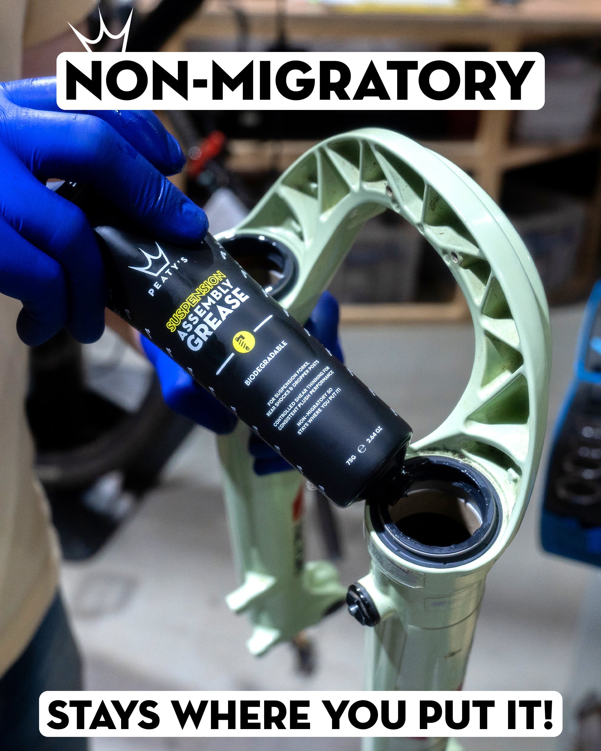 Peaty's Suspension Assembly Grease has non-migratory properties - it stays where you put it!