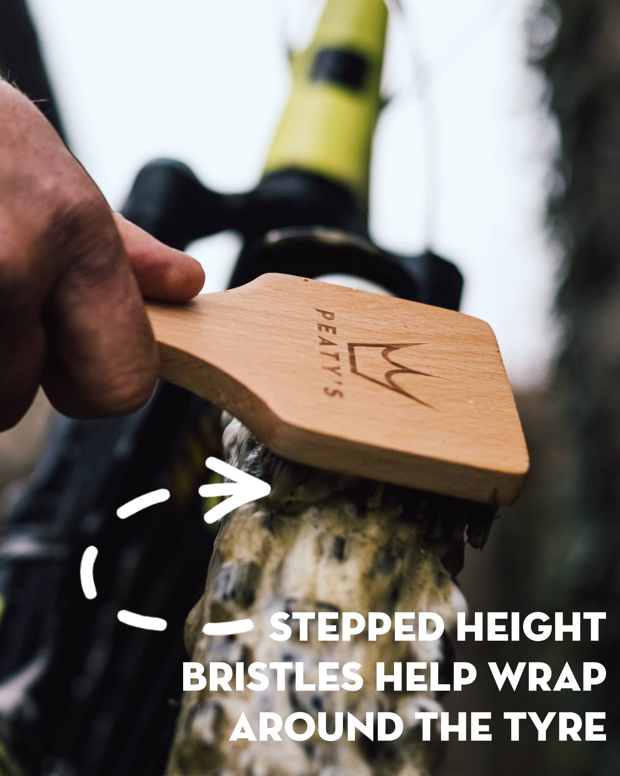 Peaty's Tyre Brush has a stepped height to help bristles wrap around the tyre