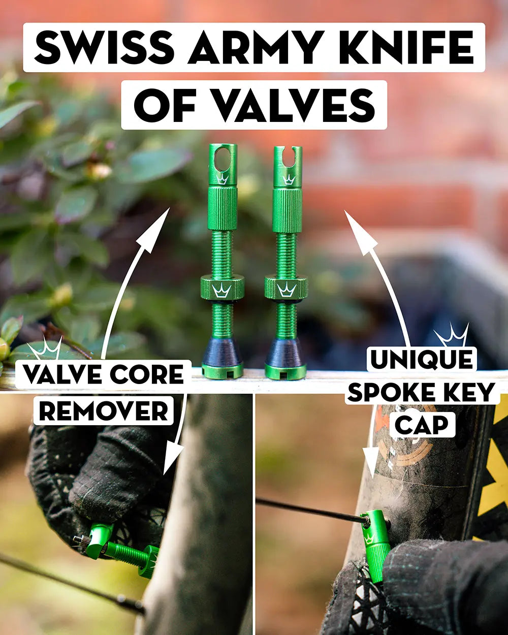 Peaty's Mk2 Tubeless Valves is the swiss army knife of valves- comes with a core remover and a unique spoke key cap