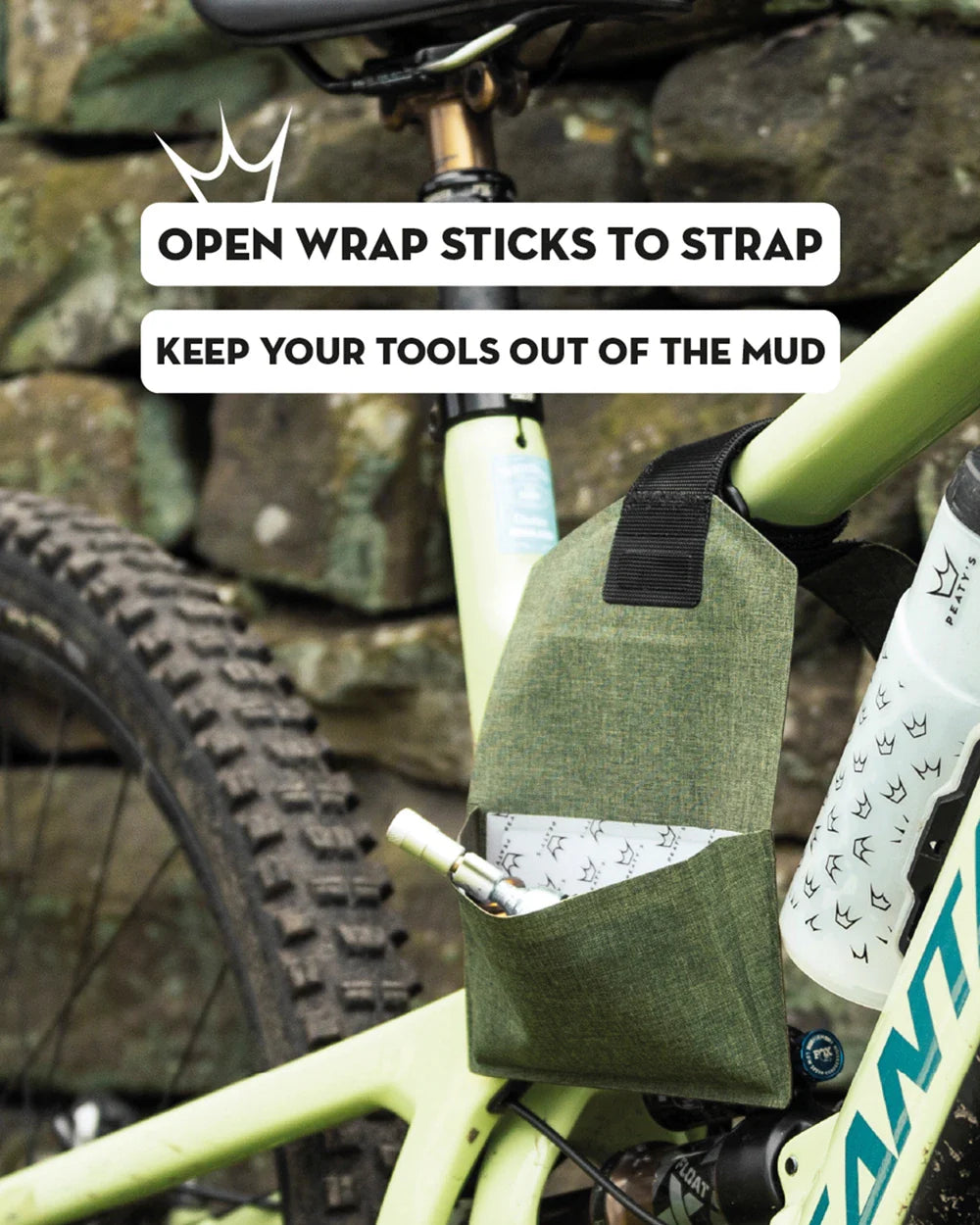 Peaty's HoldFast Trail Tool Wrap - Open wrap sticks to strap - keep your tools out of the mud