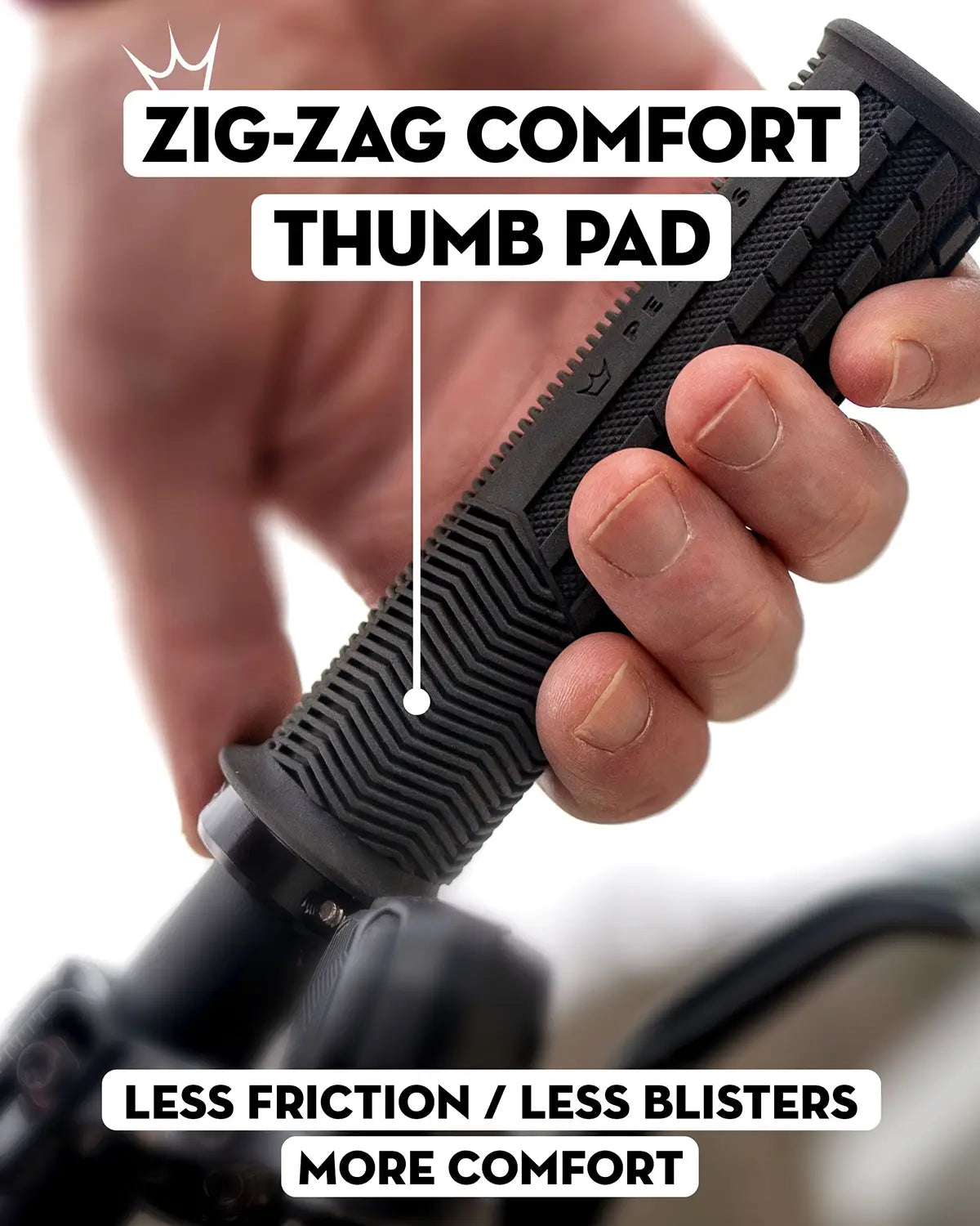 Peaty's Monarch grips have a zig-zag comfort thumb pad