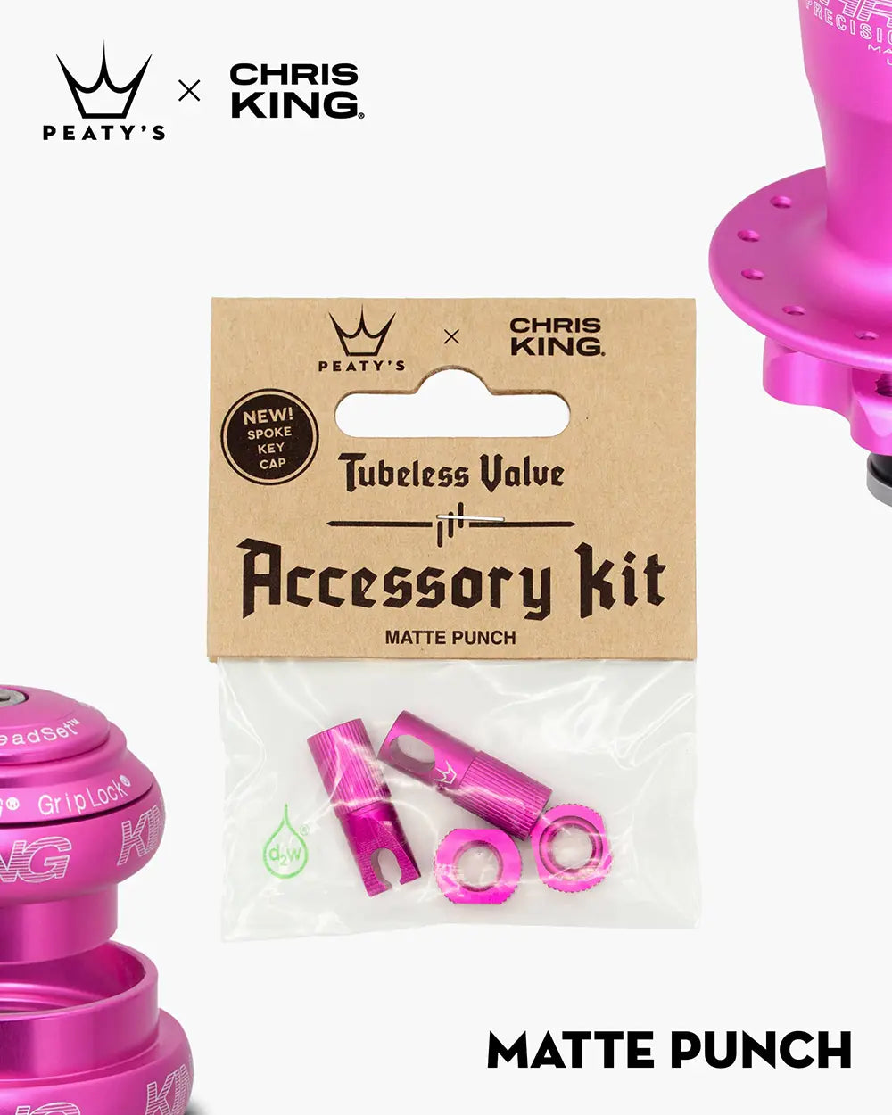 Peaty's Tubeless Valve accessory kit in matte punch