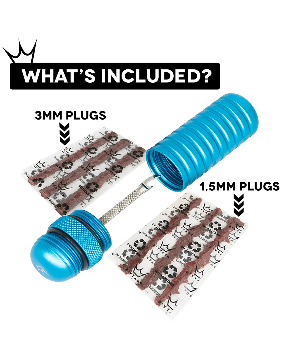 Peaty's Holeshot Tubeless Puncture Plugger Kit comes with 3mm plugs and 1.5mm plugs